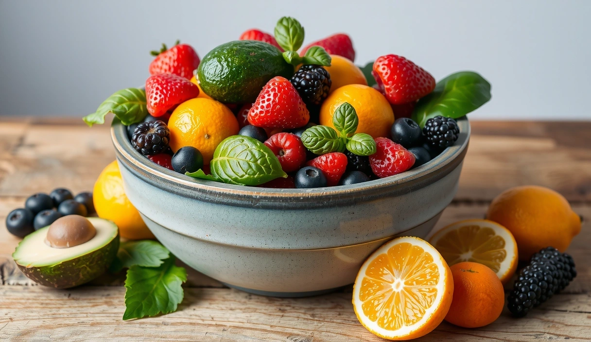 Miska plná čerstvého ovoce a zeleniny symbolizující zdravou stravu