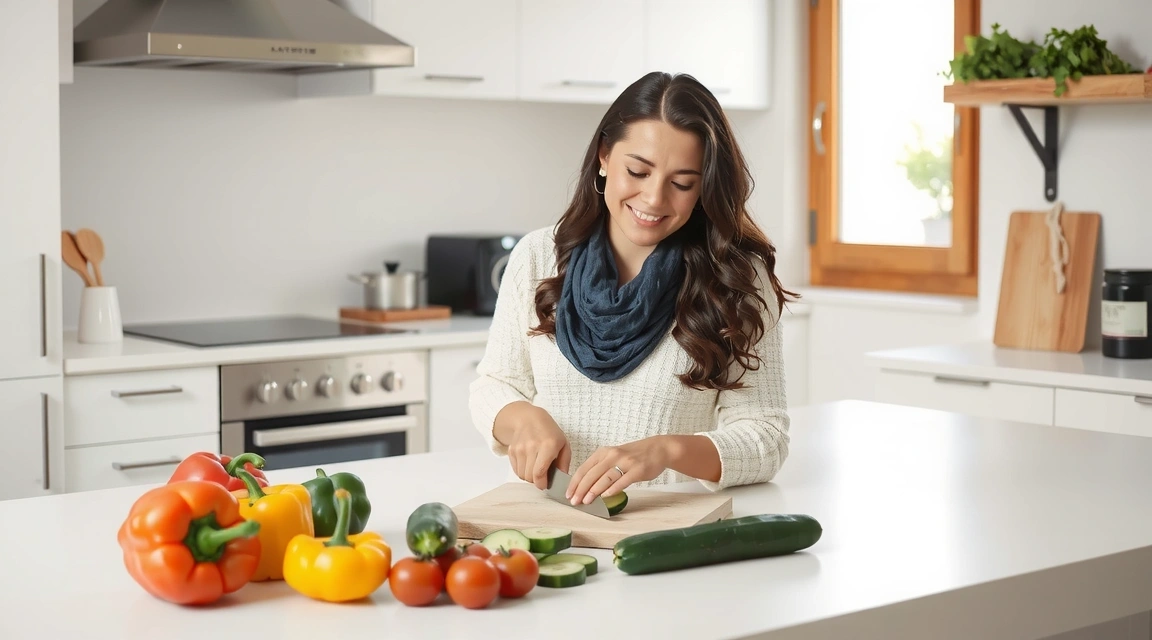 Žena připravující salát z čerstvé zeleniny v moderní kuchyni