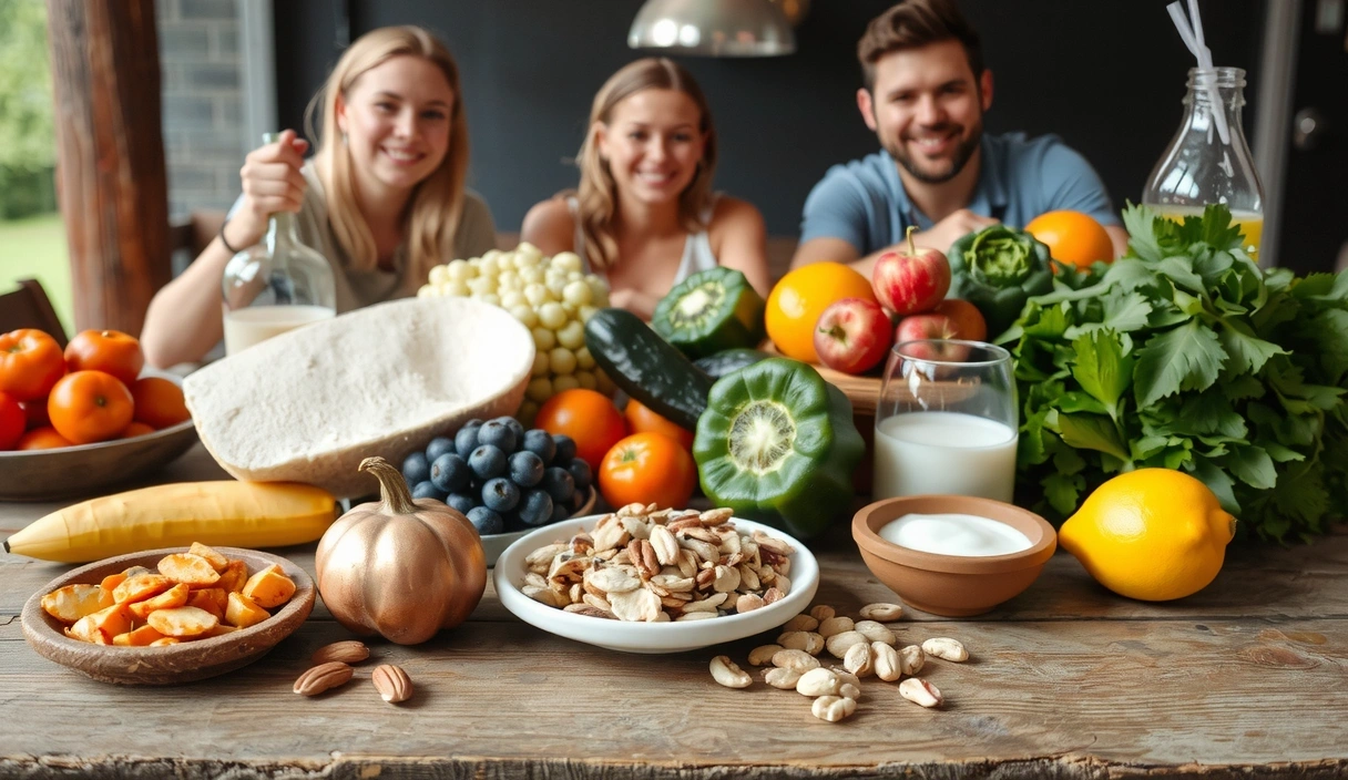 Rozmanité množství zdravých potravin a usměvaví lidé, symbolizující vitalitu a pohodu.