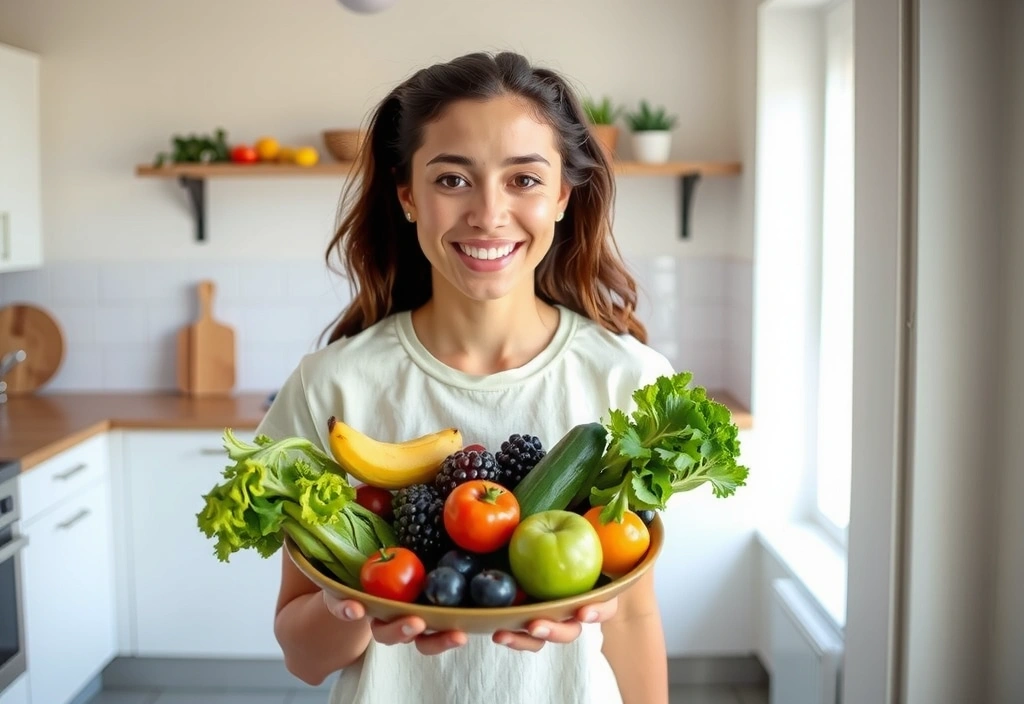 Žena s úsměvem drží misku s čerstvým ovocem a zeleninou, vypadá zdravě a plná energie