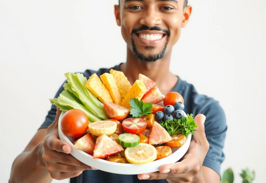 Osoba s úsměvem, drží talíř s čerstvým jídlem